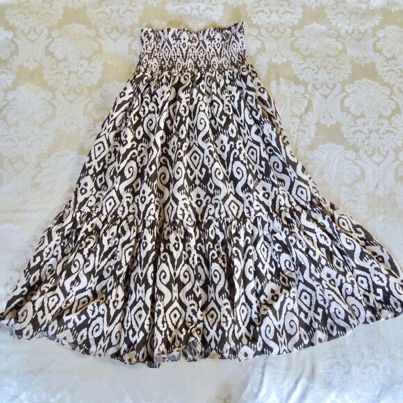 Zara Brown & White Tribal Print Smocked Strapless Dress M - Picture 2 of 7